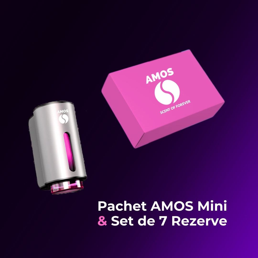 Pachet Amos mini Pink - difuzor gri de parfum + set pink cu 7 parfumuri de rezervă - Auto Alorria