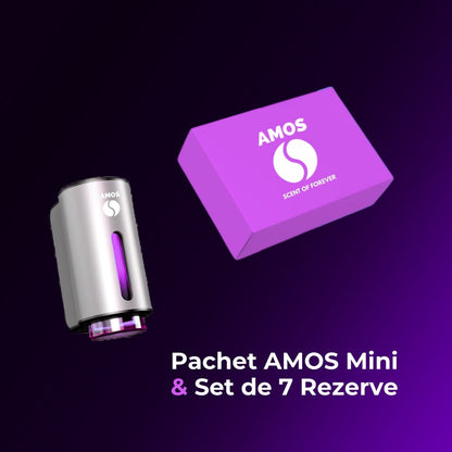 Pachet Amos mini Purple - difuzor gri parfum + set purple cu 7 parfumuri de rezervă - Auto Alorria