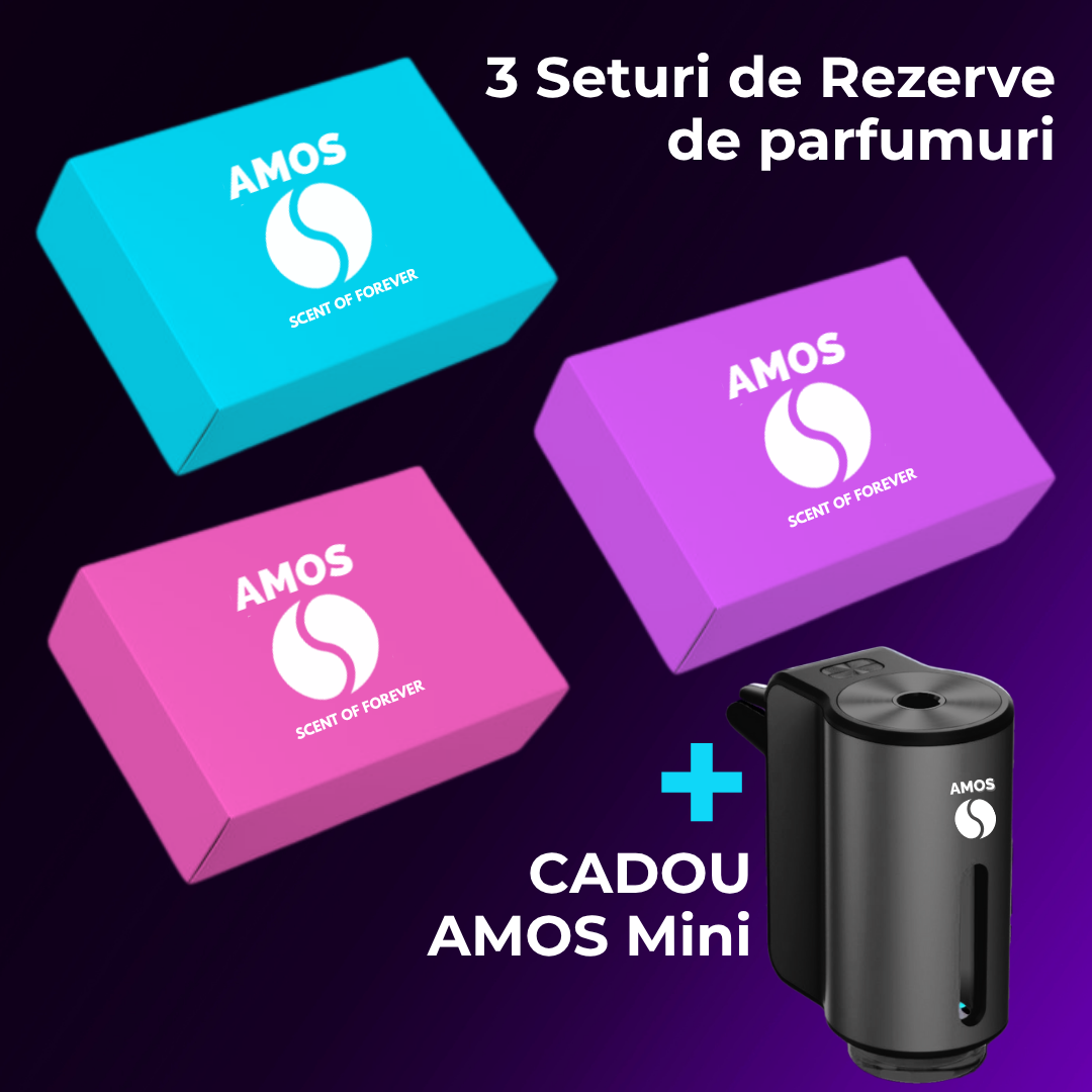 Pachet Amos all-inclusive: 3 Seturi de 7 Rezerve + CADOU difuzor AMOS Mini negru - Auto Alorria