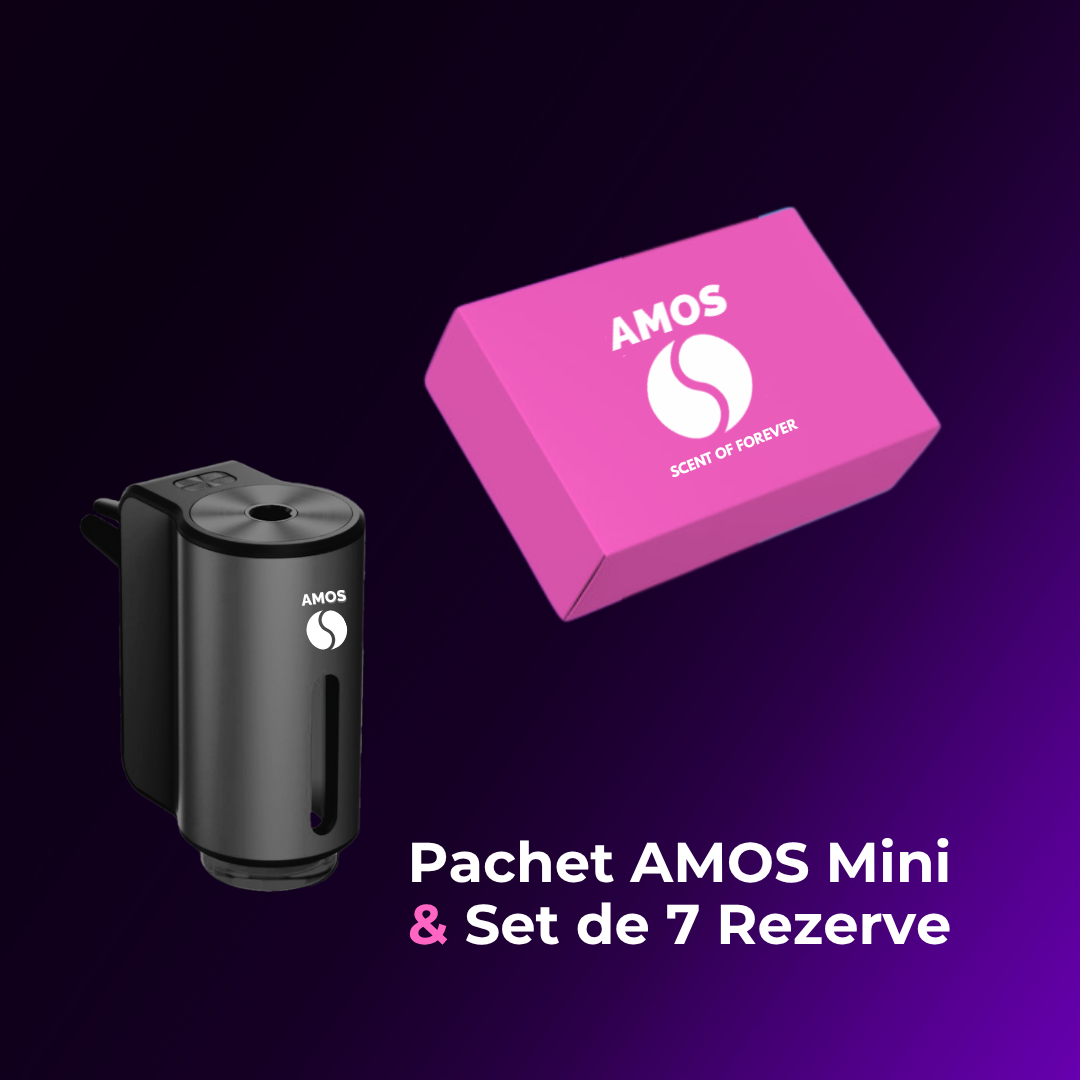 Pachet Amos mini Pink - difuzor negru de parfum + set pink cu 7 parfumuri de rezervÄƒ - Auto Alorria