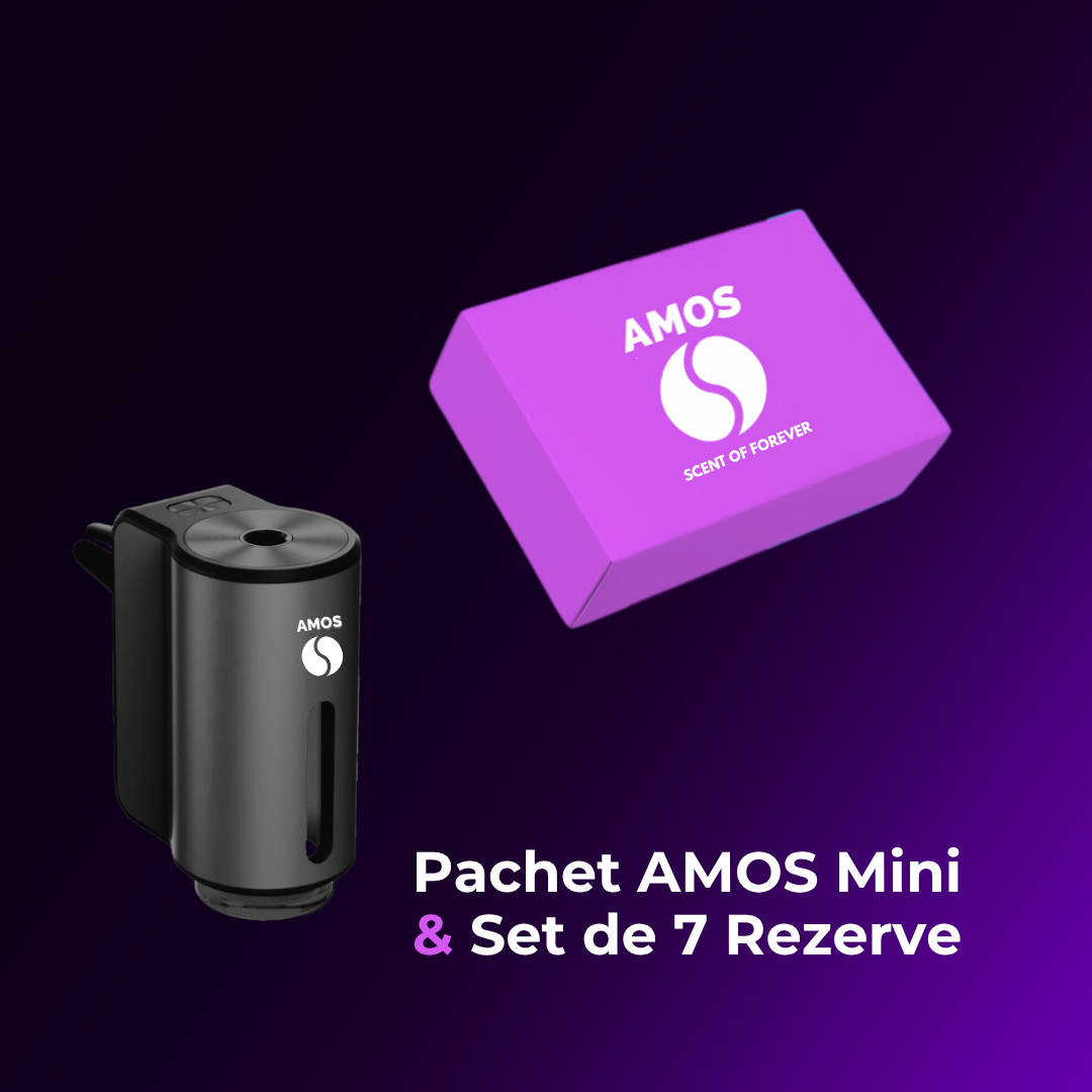 Pachet Amos mini Purple - difuzor negru parfum + set purple cu 7 parfumuri de rezervÄƒ - Auto Alorria