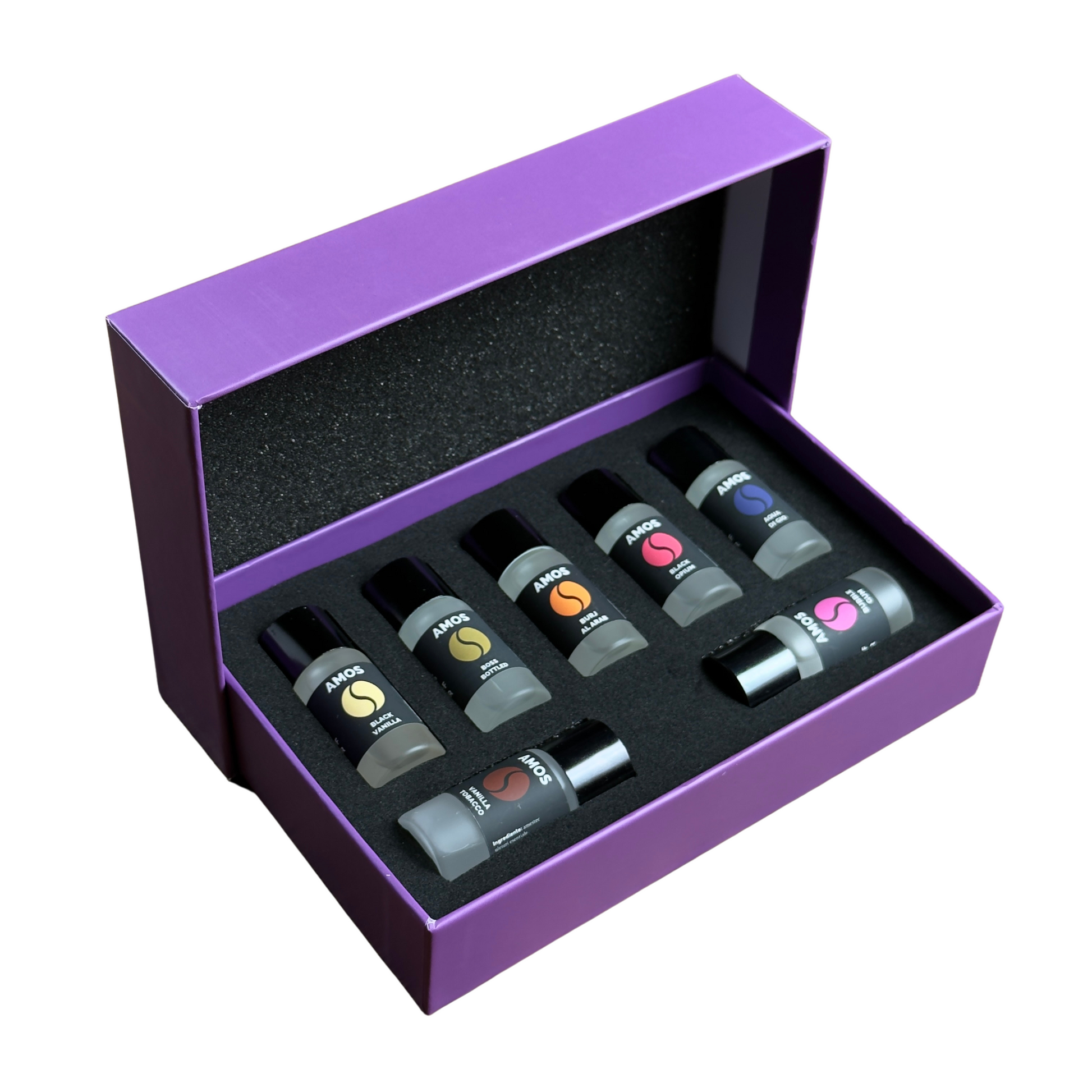 Pachet Amos mini Purple - difuzor gri parfum + set purple cu 7 parfumuri de rezervă - Auto Alorria