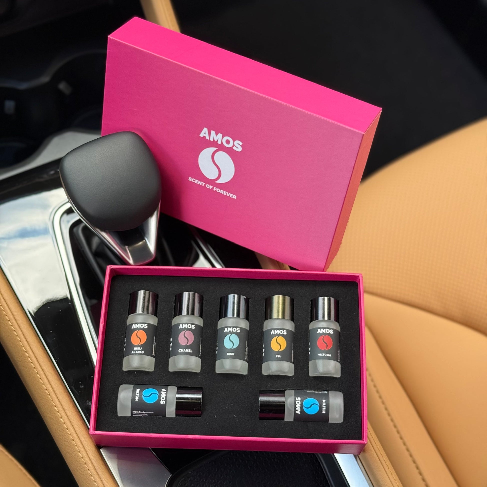 Pachet Amos mini Pink - difuzor gri de parfum + set pink cu 7 parfumuri de rezervă - Auto Alorria