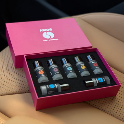 Pachet Amos mini Pink - difuzor gri de parfum + set pink cu 7 parfumuri de rezervă - Auto Alorria