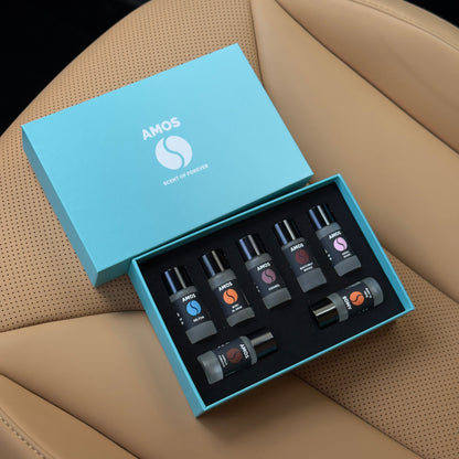 Pachet Amos mini Blue - difuzor de parfum gri + set Blue cu 7 parfumuri de rezervă - Auto Alorria