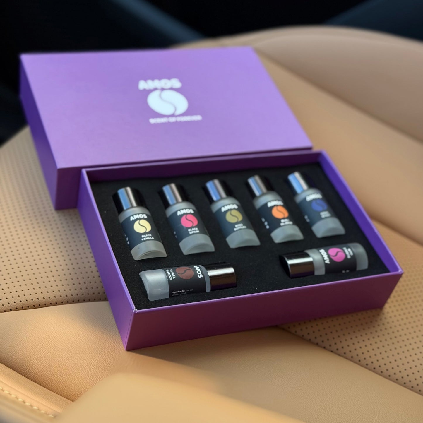 Pachet Amos mini Purple - difuzor negru parfum + set purple cu 7 parfumuri de rezervÄƒ - Auto Alorria