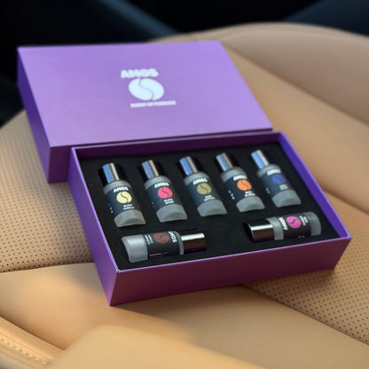 Pachet Amos mini Purple - difuzor gri parfum + set purple cu 7 parfumuri de rezervă - Auto Alorria
